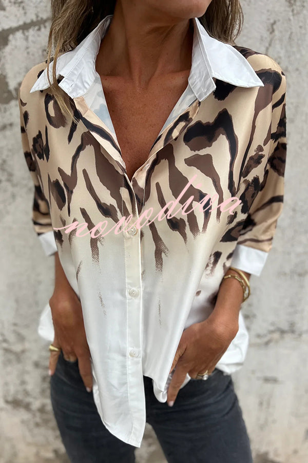 Classic Wild Satin Gradient Leopard Print Loose Short-sleeved Blouse