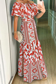 Irene Bohemian Print Off The Shoulder Belted Ruffle Maxi Dress