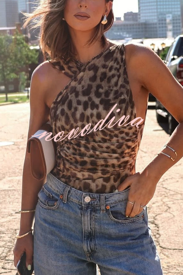Leopard Print Asymmetric Mesh Pleated Slim-fit Rompers