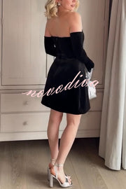 Ines Luxurious Velvet Jewel-encrusted Sweetheart Off Shoulder Neck Tulip Stretch Mini Dress