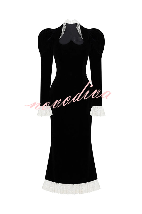 Baroque Style Velvet Lace Trim Sweetheart Neck Long Sleeve Flare Midi Dress