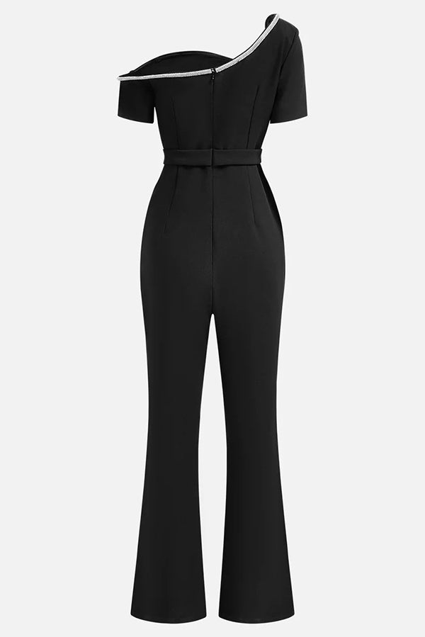 Solid Color Irregular One-shoulder Waist Slim Wide-leg Jumpsuit