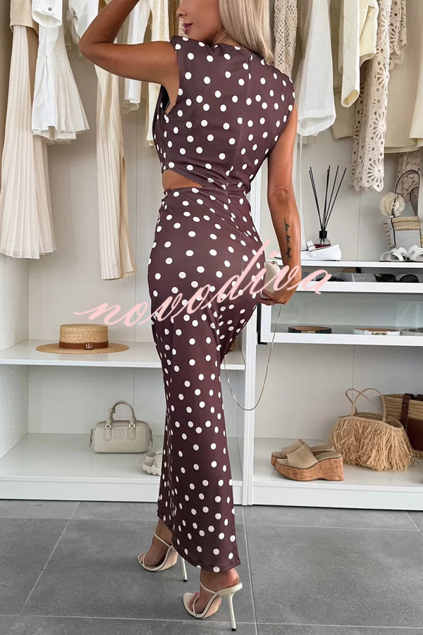 Roxane Polka Dot Print Shoulder Pad Metal Cutout Waist Slit Stretch Maxi Dress