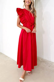 Solid One Shoulder Ruffled Sleeves Tie Waist Maxi Dress