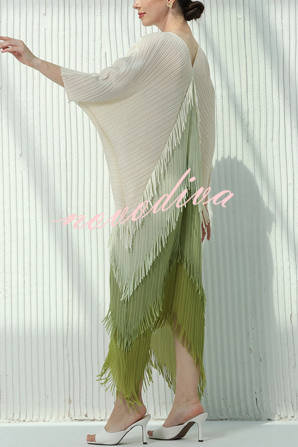 Fashionable Color-blocked Multi-layered Tassel Loose Midi Dress