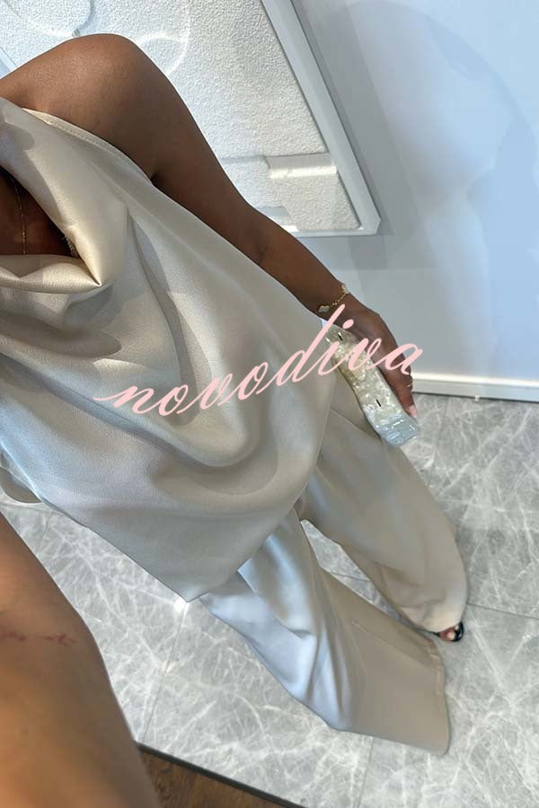Classic on You Satin High Cowl Neck Top and Elastic Waist Pocket Loose Pants Set