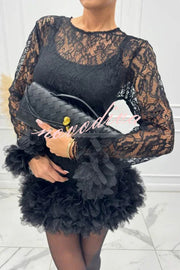 Alyssa Lace Fabric Tulle Layered Petals Trim Long Sleeve Mini Dress