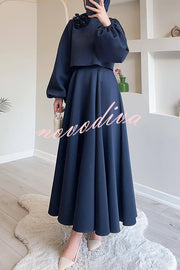 Solid Color Flower-embellished Lantern Sleeve Loose Top and Casual Maxi Skirt Set