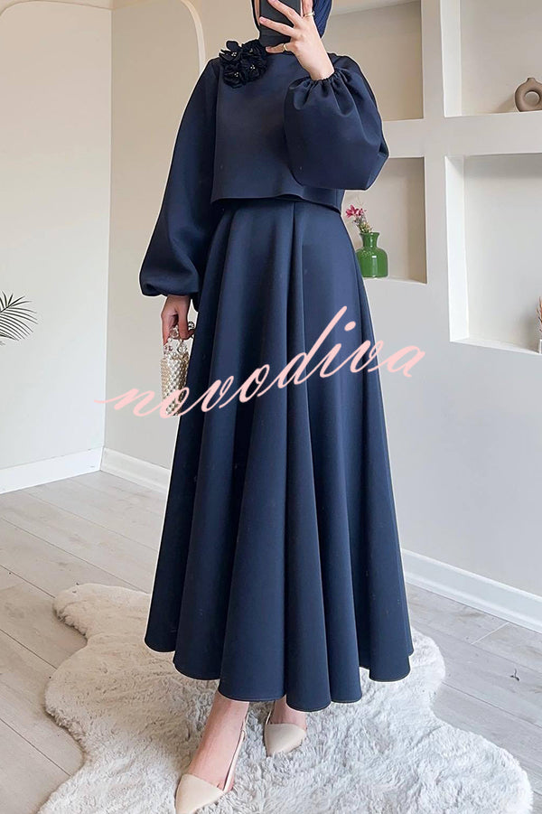 Solid Color Flower-embellished Lantern Sleeve Loose Top and Casual Maxi Skirt Set