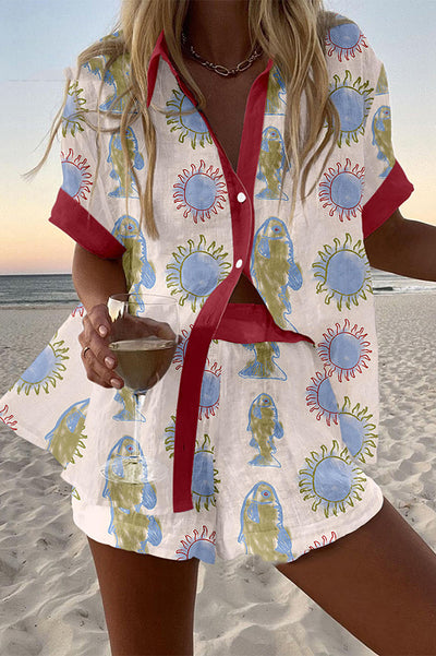 Fish and Sun Print Loose Button Elastic Waist Shorts Set