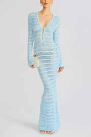 Solid Color Knit Hollow Long Sleeve Vacation Cover Up Maxi Dress