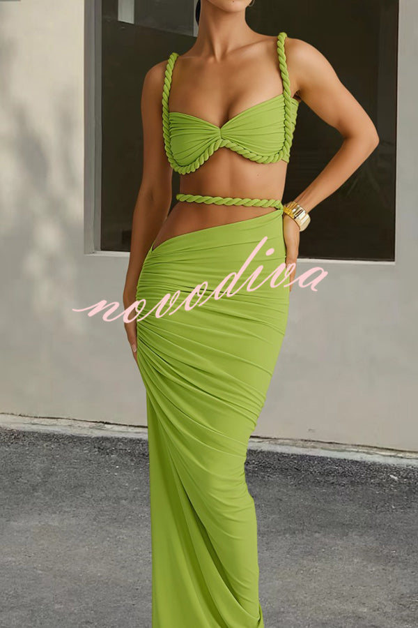 Sexy Halter Back Braided Suspender Top and Beach Holiday Style Hip-wrapped Maxi Skirt Set