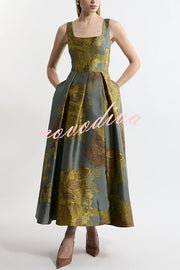 London Nights Satin Floral Pattern Square Neck Pocket Pleated Prom Maxi Dress