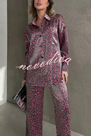 Leopard Print Long-sleeved Casual Top and Loose Elastic Waist Tie Pants Set