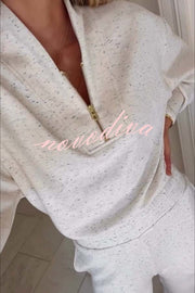 Ivory Marl Fleck Half-Zip Neck Long Sleeve Sweatshirt and Elastic Waist Pocket Jogger Set
