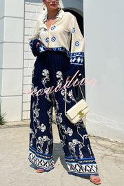 Unique Printed Lapel Long-sleeved Loose Top and Elastic Waist Casual Wide-leg Pants Set