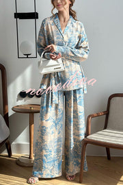 Unique Print Long-sleeved Tie Shirt and Elastic High-waist Wide-leg Pants Set