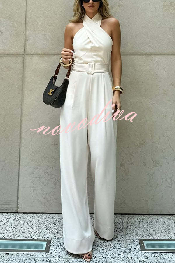 Solid Color Halterneck Sleeveless Waisted Casual Pocket Straight Jumpsuit