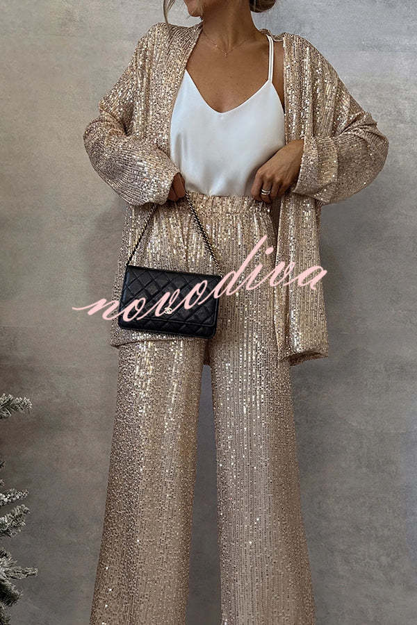 Party Scene Sequin Open Front Long Sleeve Drape Coat