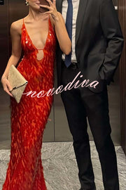 Reshape Beauty Fish Scale Sequin Cutout U-neck Slip Maxi Dress
