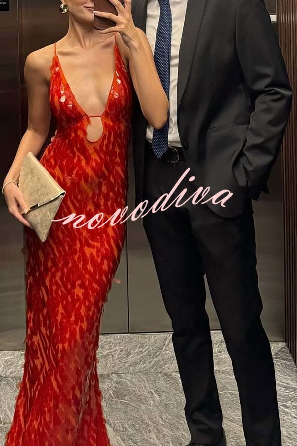 Reshape Beauty Fish Scale Sequin Cutout U-neck Slip Maxi Dress