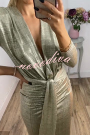 Shiny Lady Metallic Fabric Padded Long Sleeve Tie-up Ruched Midi Dress