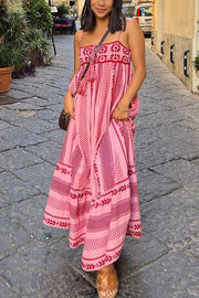 Unique Printed Patchwork Fringed Lace-up Maxi Dress