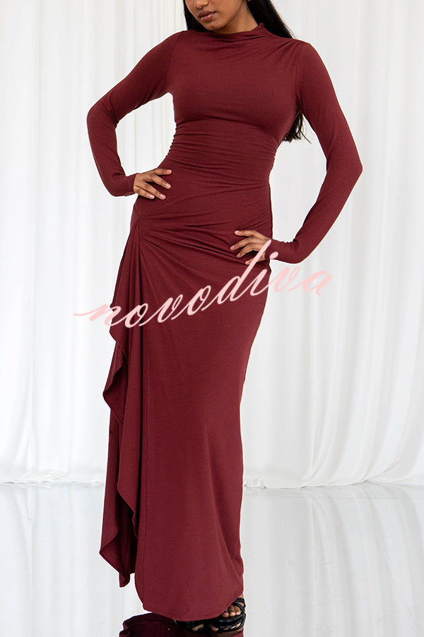 Venus Long Sleeve Ruched Side Slit Drape Ruffles Back Lace-up Stretch Maxi Dress