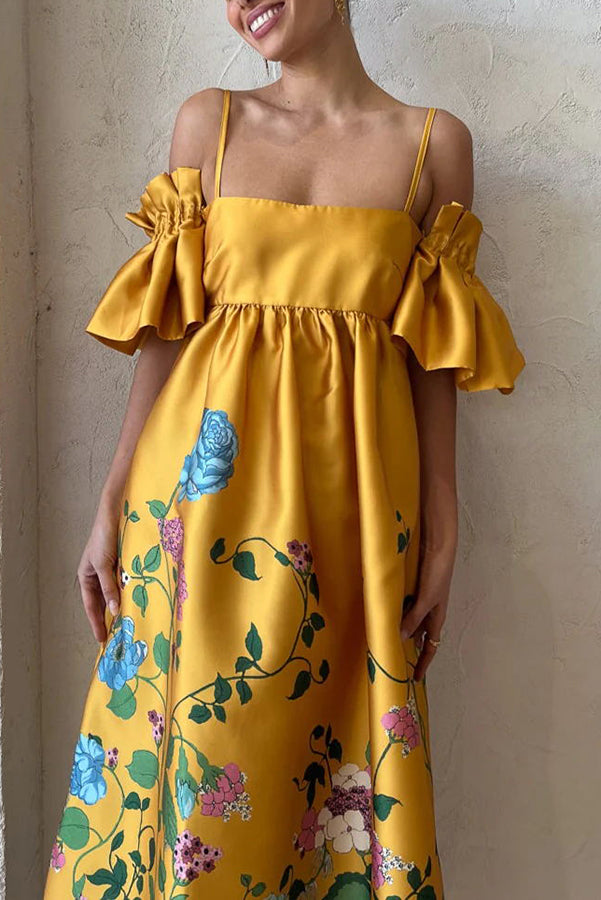 Sweetest Marigold Print Gathered Sleeve Pocketed A-line Midi Dress