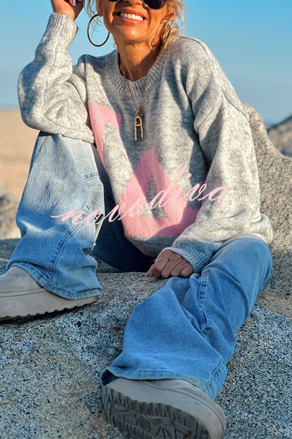 Letter Pattern Crew Neck Long Sleeve Loose Knit Sweater