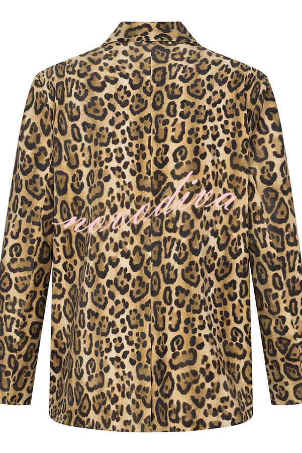 Catwalk Leopard Single Button Long Sleeve Pocketed Lapel Boyfriend Blazer