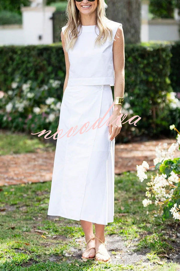 Linen Blend Crew Neck Sleeveless Crop Top and Buttoned Slit Midi Skirt Set