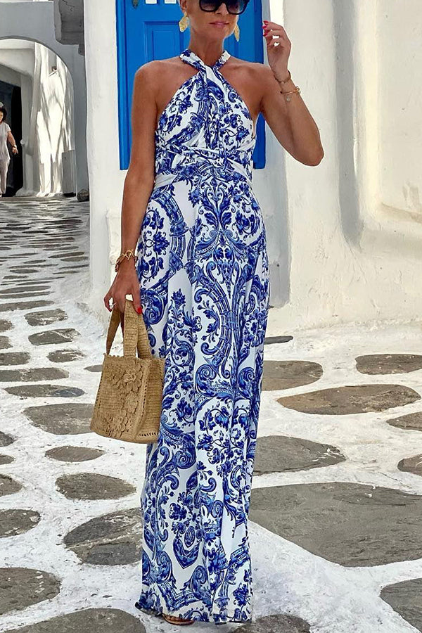 Greek Island Printed Cross Back Halter Flowy Maxi Dress