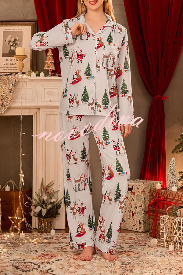 Christmas Holiday Print Long Sleeve Pocket Top and Elastic Waist Loose Pants Set