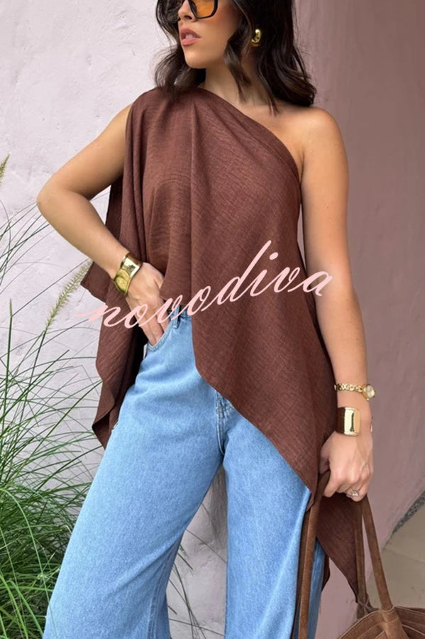 Light and Elegant Linen Blend Wide Neck Cape Sleeve Loose Top