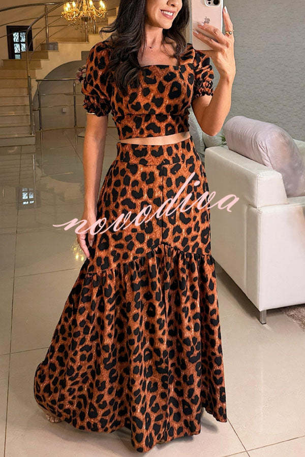 Lillah Unique Print Puff Sleeve Smocked Top and Elastic Waist Maxi Skirt Set