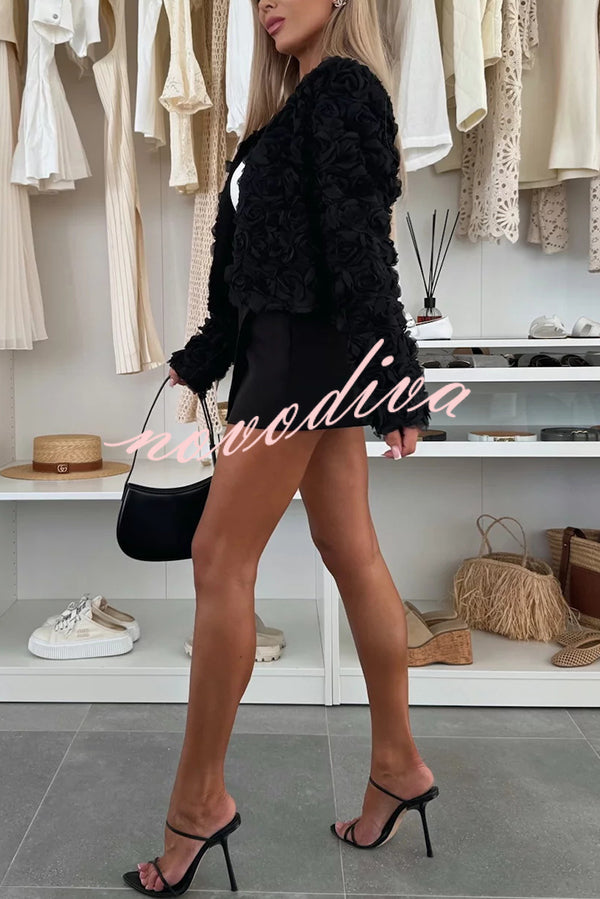 Fashionable Three-dimensional Flower Casual Long-sleeved Cropped Jacket