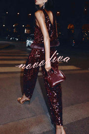 Gala Goddess Sequin High Rise Zipper Waist Wide Leg Pants