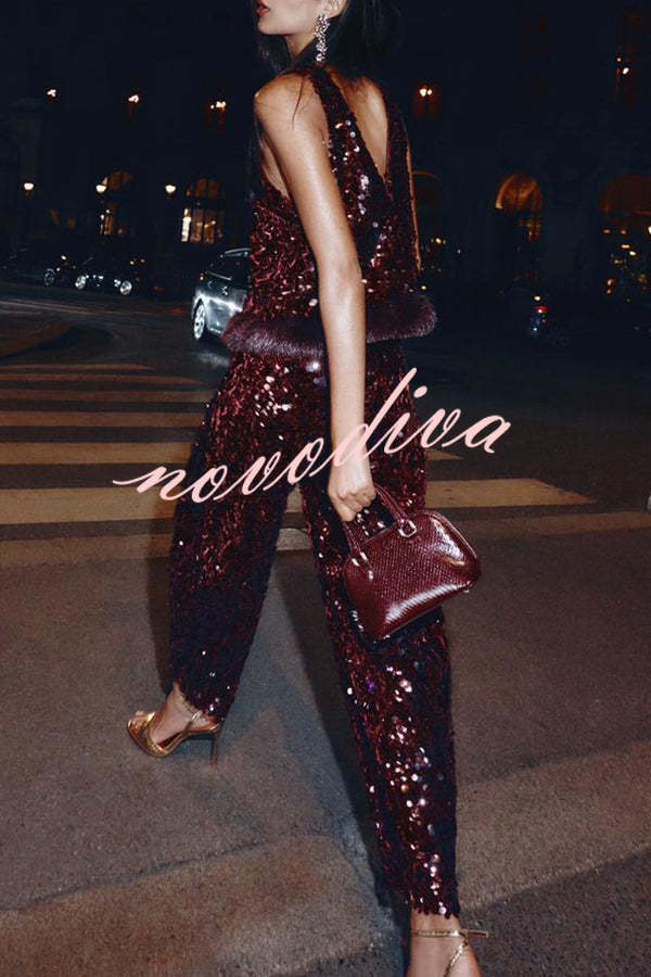 Gala Goddess Sequin High Rise Zipper Waist Wide Leg Pants