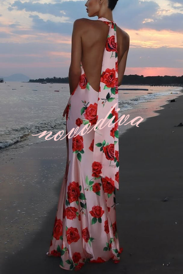 Rose Print Sexy Halter Neck Strappy Backless Slim Fit Maxi Dress