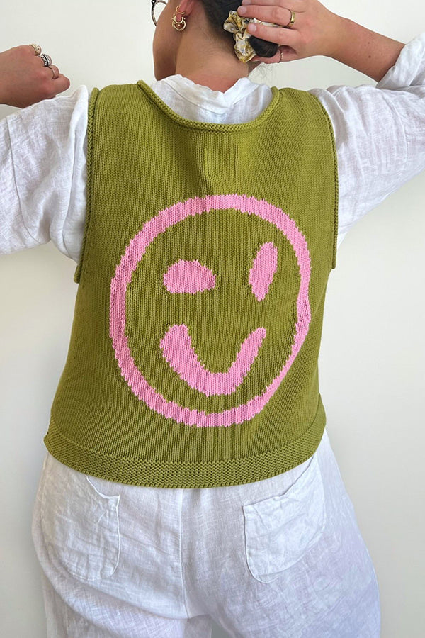 Always Happy Face Knit Unique Pattern Versatile Loose Tank Top