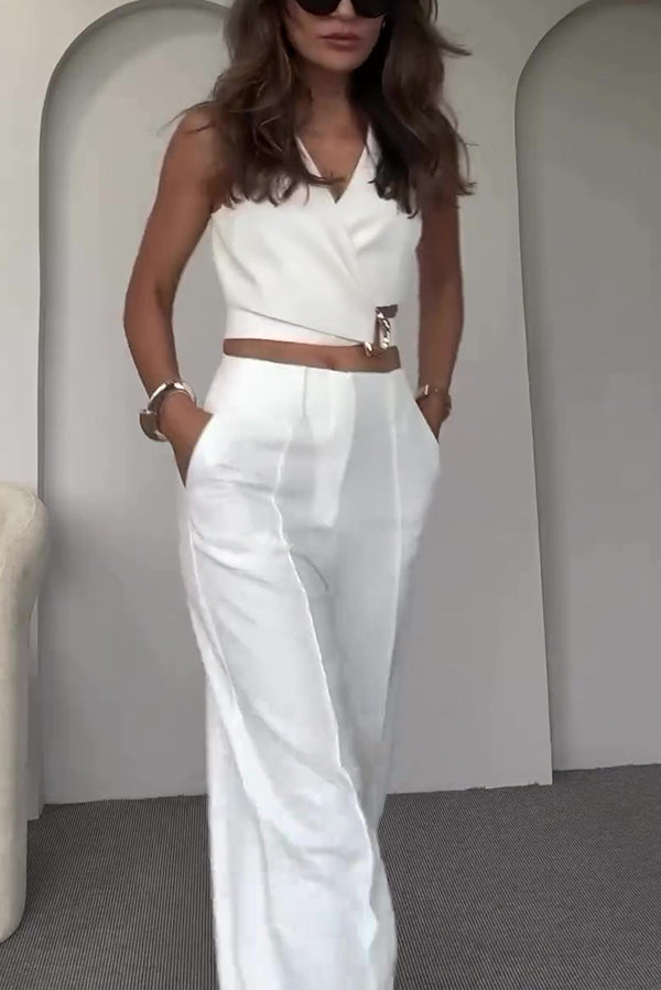 Crossover Slim Fit Sleeveless Vest and High Waisted Wide Leg Pants Set