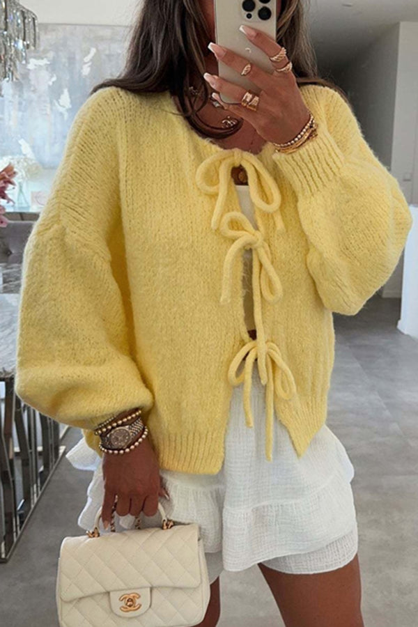 Solid Color Long-sleeved V-neck Lace-up Loose Knitted Sweater