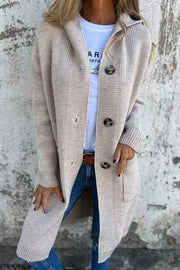 Solid Color Hooded Pocket Mid-length Knitted Cardigan