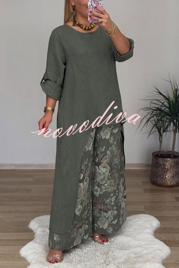 Linen Blend Crew Neck Long Sleeve Irregular Loose Top and Elastic Waist Floral Print Casual Pocket Set