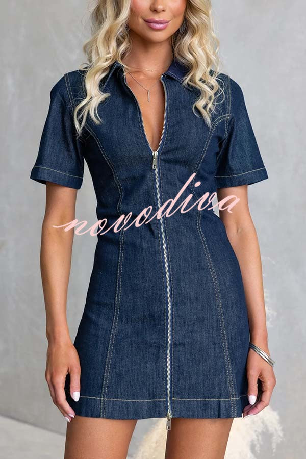 Street Chic Denim Shirt Neck Front Zip-up Stretch Mini Dress