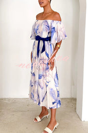 Floral Print Elegant Puff Sleeve Tie-Waist Midi Dress