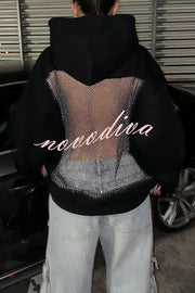 Fashionable Shiny Mesh Hollow Back Loose Long-sleeved Hooded Sweatshirt