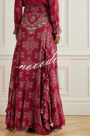 Unique Printed Chiffon Long-sleeved Loose Shirt and Elegant Ruffled Maxi Skirt Set