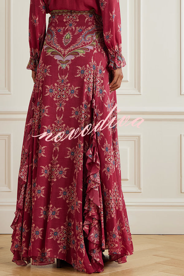 Unique Printed Chiffon Long-sleeved Loose Shirt and Elegant Ruffled Maxi Skirt Set